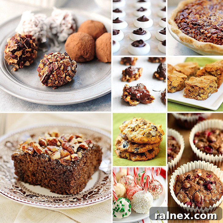 A collage of 9 festive holiday desserts including truffles, pecan pie, turtle candies, and cookies, each linking to its recipe.