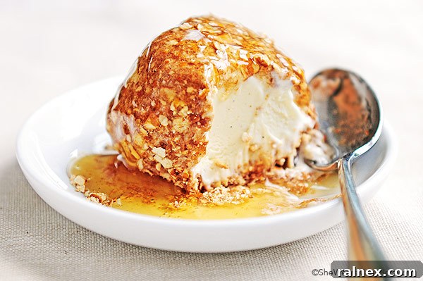 Unfried Fried Ice Cream with pretzel crust, ready to serve