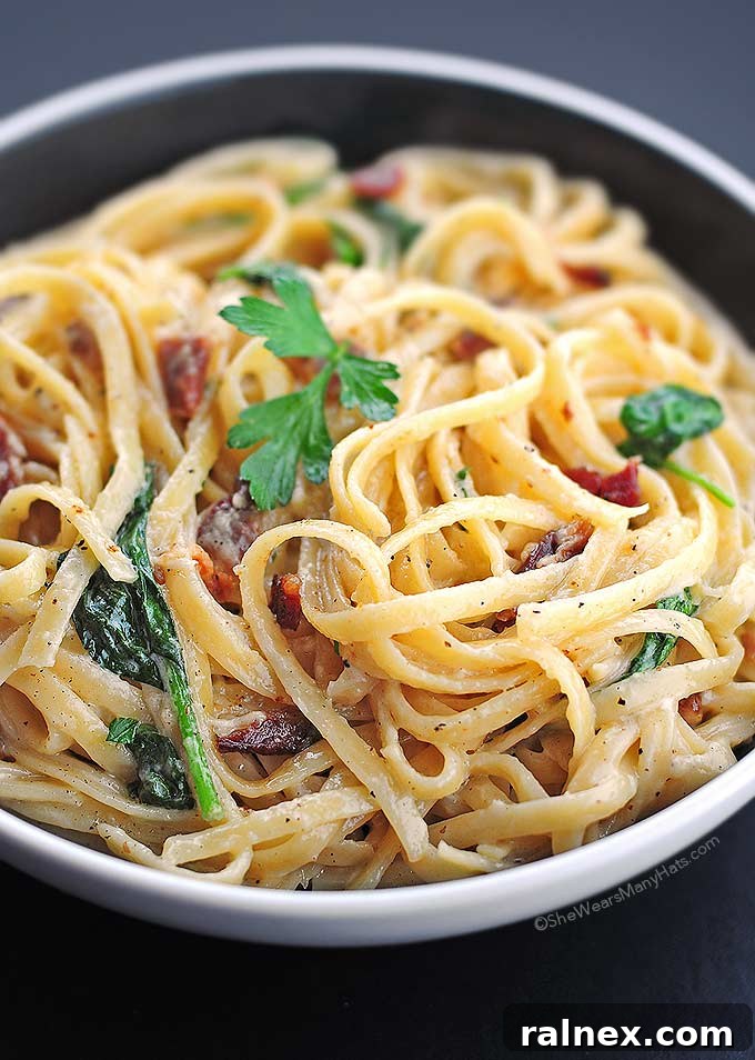 Fettuccine Alfredo with Bacon and Spinach
