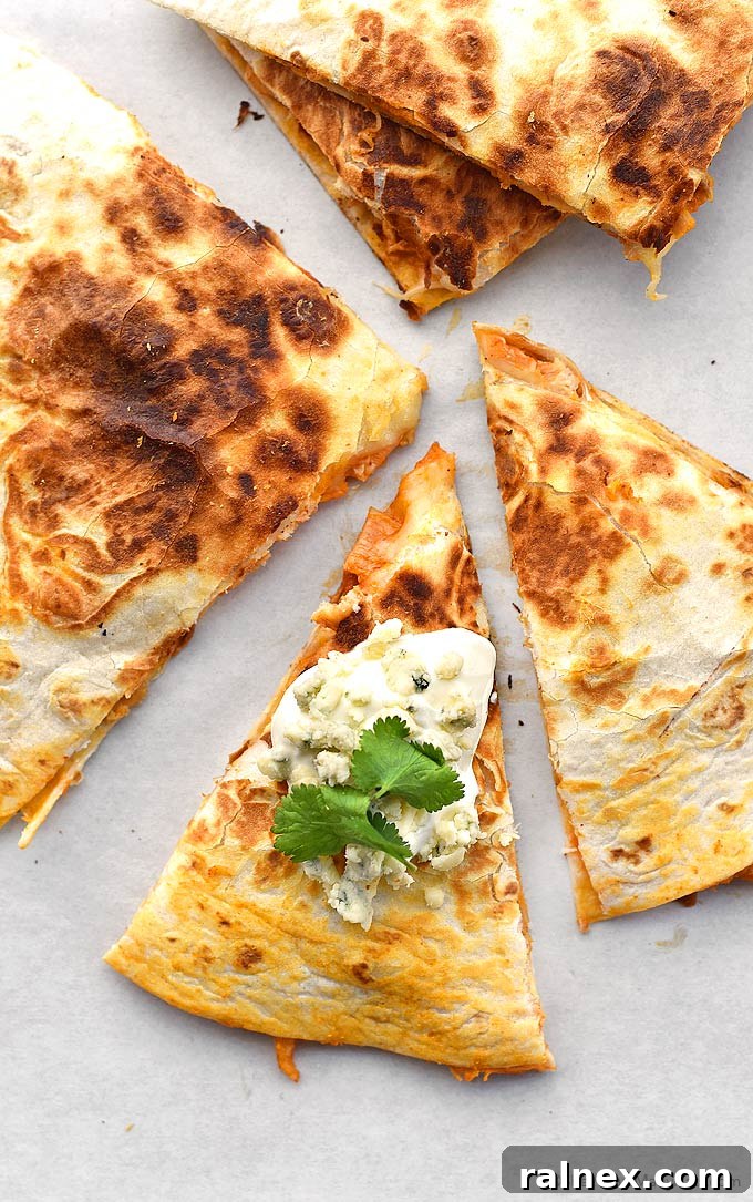 Perfectly cooked Buffalo Chicken Quesadillas ready to be served