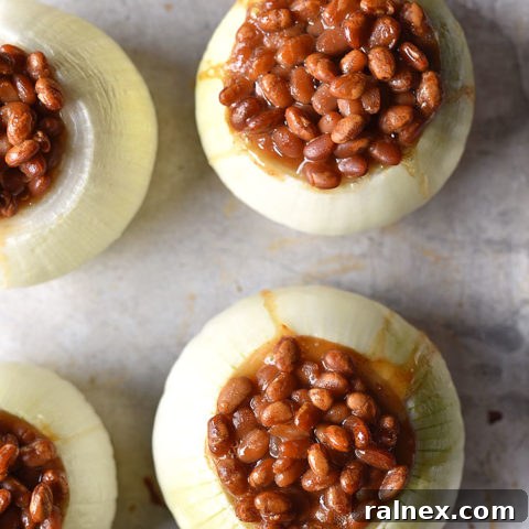 Baked Beans in Onion Bowls shewearsmanyhats.com