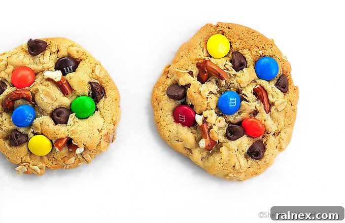 A stacked close-up of Monster Cookies showcasing the textures of oatmeal, pretzels, and M&Ms