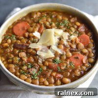 Bacon Lentil Soup ready to serve, a delicious and comforting meal.