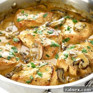 Chicken Breasts with Mushroom Sauce in a stainless steel pan