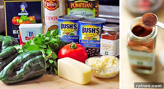 Ingredients for Warm Layered Black Bean Dip laid out on a table, including beans, peppers, spices, and cheese, ready for preparation.
