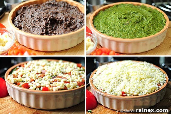 Warm Stacked Black Bean Fiesta 5 Two images showing the Warm Layered Black Bean Dip freshly baked and garnished, ready for serving with tortilla chips.